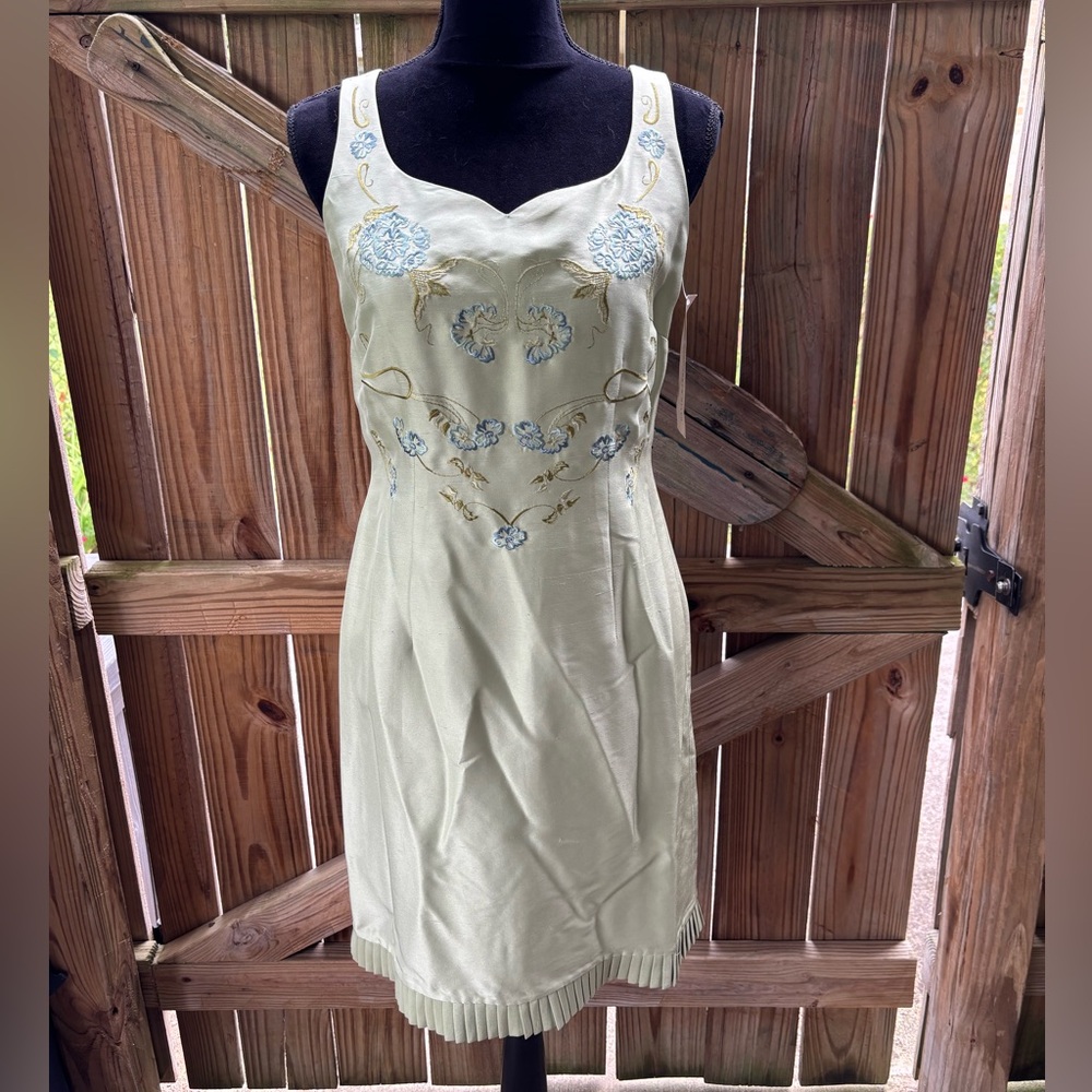 New David Warren Sage Garden Party Silk Sleeveless Sheath Dress Size 6P